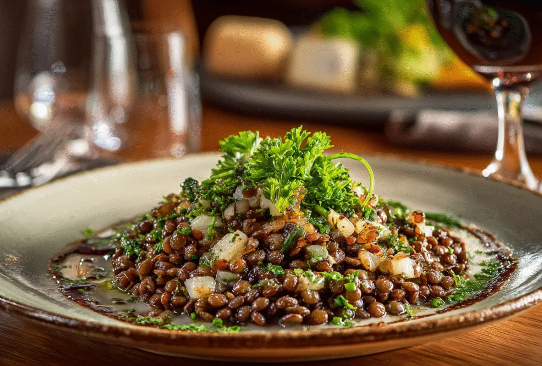 Assiette de salade tiède après la cuisson lentilles vertes, servie avec échalotes et vinaigrette sur une table de bistrot.