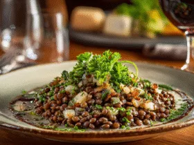 Assiette de salade tiède après la cuisson lentilles vertes, servie avec échalotes et vinaigrette sur une table de bistrot.