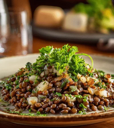 Assiette de salade tiède après la cuisson lentilles vertes, servie avec échalotes et vinaigrette sur une table de bistrot.
