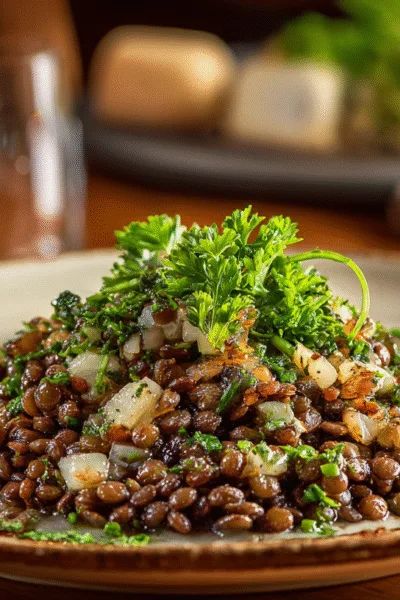 Assiette de salade tiède après la cuisson lentilles vertes, servie avec échalotes et vinaigrette sur une table de bistrot.