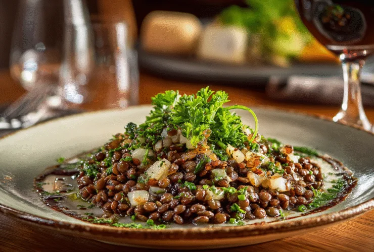 Assiette de salade tiède après la cuisson lentilles vertes, servie avec échalotes et vinaigrette sur une table de bistrot.