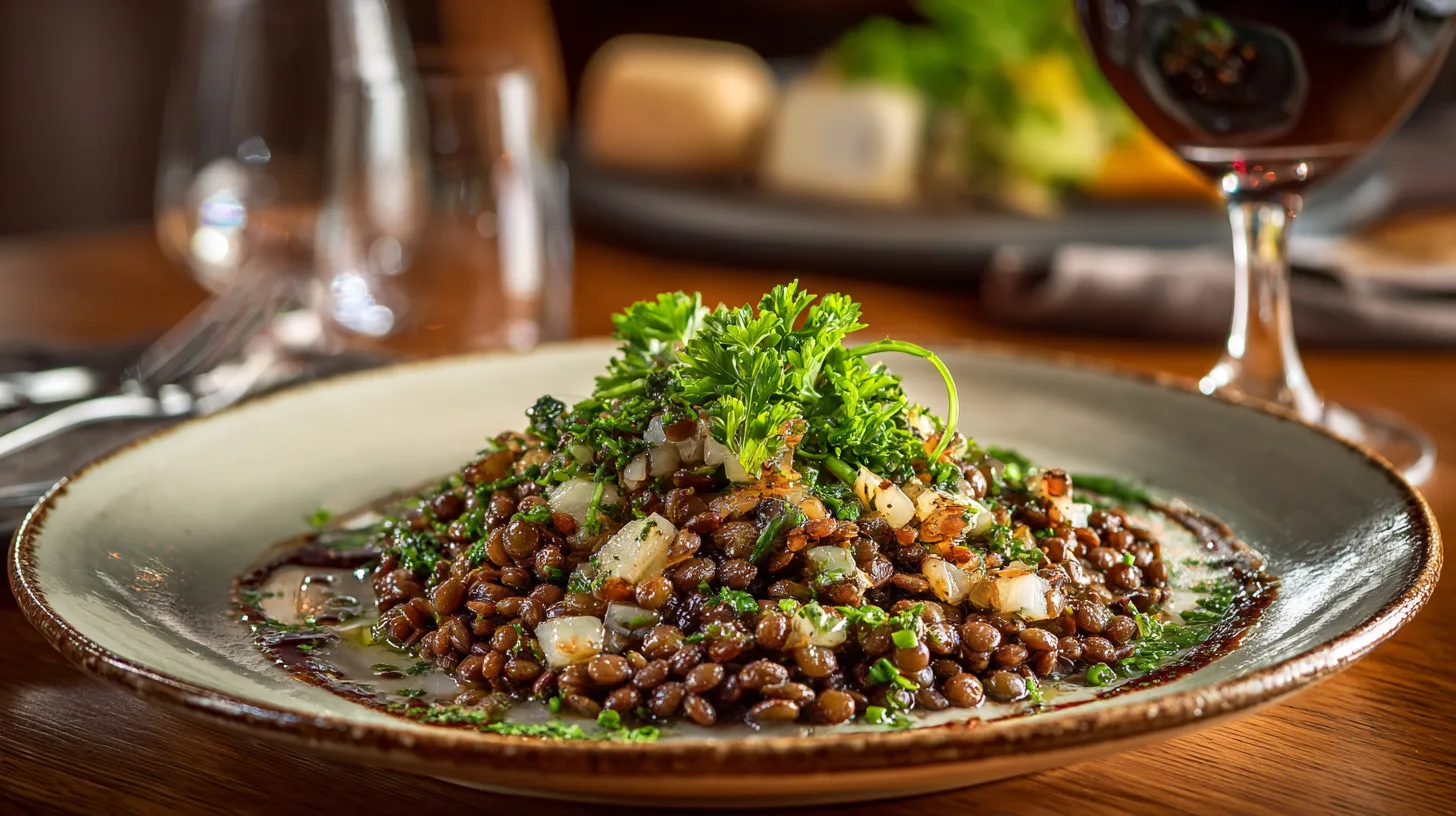 Assiette de salade tiède après la cuisson lentilles vertes, servie avec échalotes et vinaigrette sur une table de bistrot.