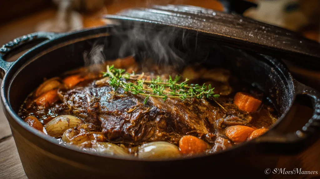 Gigot d'agneau de 7 heures confit dans une cocotte en fonte, avec une viande qui se détache de l'os et une sauce riche.