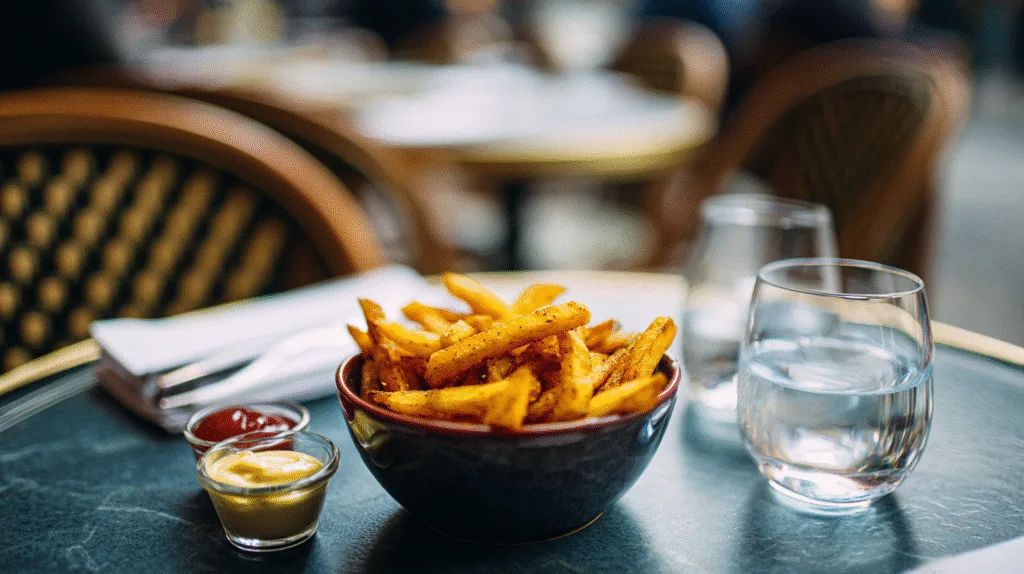 Présentation gourmande de frites air fryer maison servies façon bistrot avec sauces.
