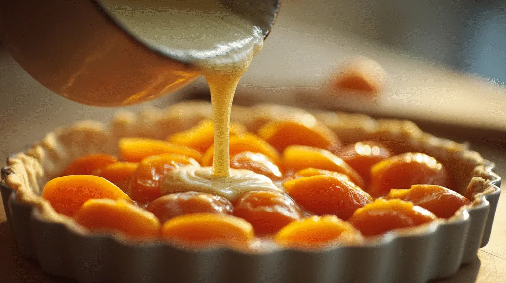 Gros plan sur la préparation du clafouti abricots, montrant le moment où l'on verse l'appareil crémeux sur les fruits disposés dans le moule.