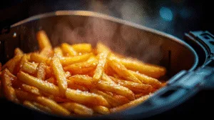 Un panier d'Air Fryer rempli de frites dorées et croustillantes, prêtes à être dégustées.