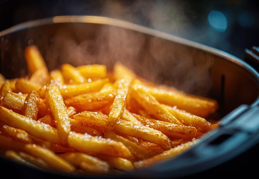 Un panier d'Air Fryer rempli de frites dorées et croustillantes, prêtes à être dégustées.