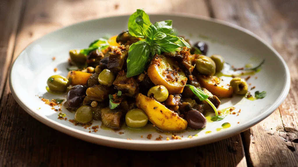 Caponata-sicilienne-art-culinaire Une assiette gourmande de caponata sicilienne authentique parsemée de basilic frais et de chapelure croquante sur une table en bois.