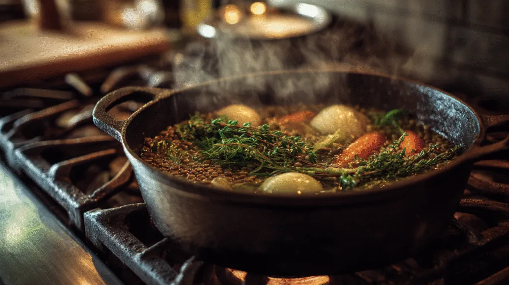Casserole en fonte en pleine cuisson lentilles vertes avec carottes, oignons et bouquet garni pour parfumer le bouillon.