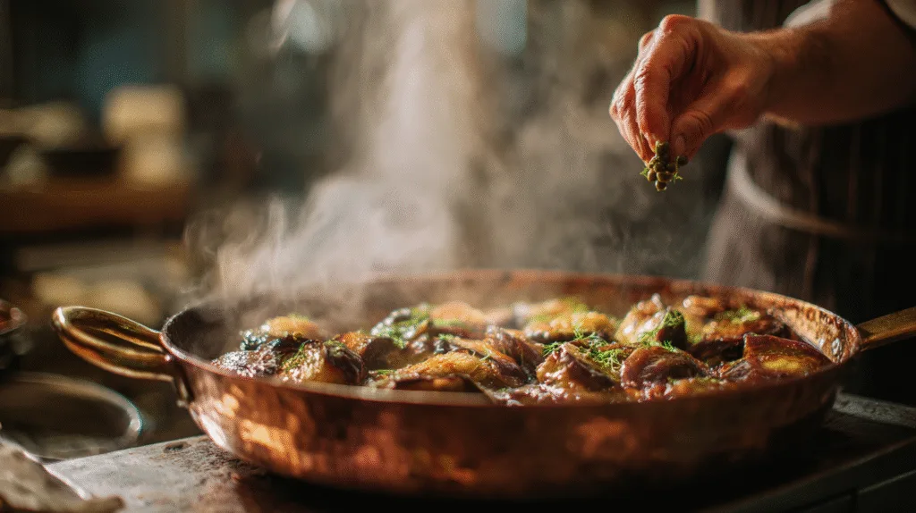 Cuisson traditionnelle des dés d'aubergines dans une sauteuse pour la préparation de la caponata.