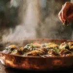 Cuisson traditionnelle des dés d'aubergines dans une sauteuse pour la préparation de la caponata.