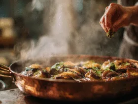 Cuisson traditionnelle des dés d'aubergines dans une sauteuse pour la préparation de la caponata.