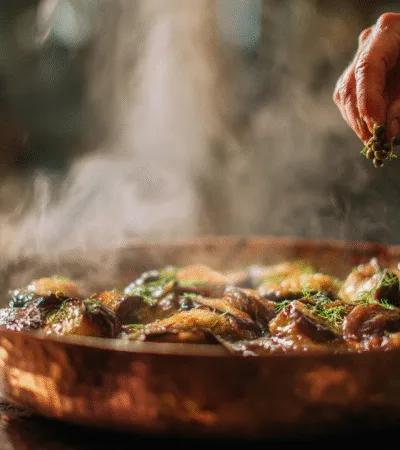 Cuisson traditionnelle des dés d'aubergines dans une sauteuse pour la préparation de la caponata.