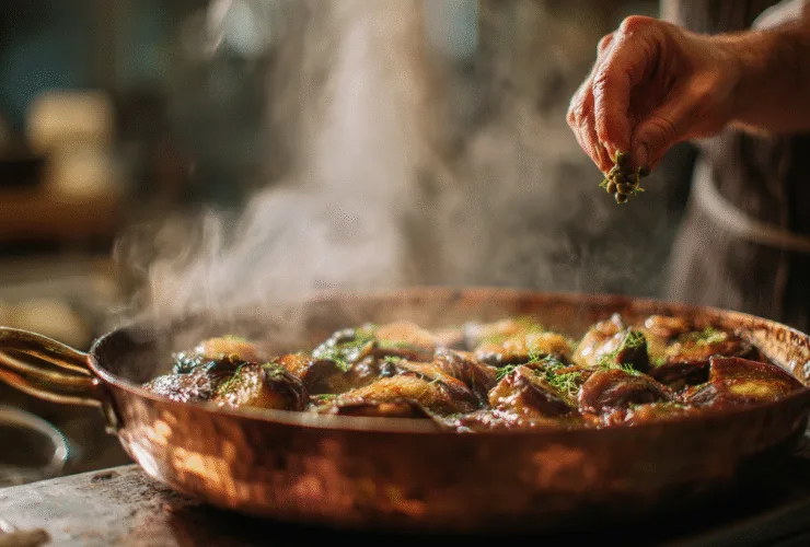 Cuisson traditionnelle des dés d'aubergines dans une sauteuse pour la préparation de la caponata.