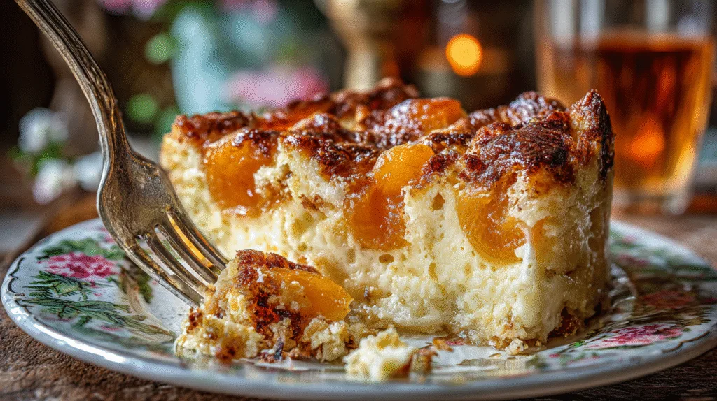 Une part de clafoutis abricot servie sur une assiette vintage, une fourchette dévoilant sa texture fondante et crémeuse, parfait pour un dessert abricot.