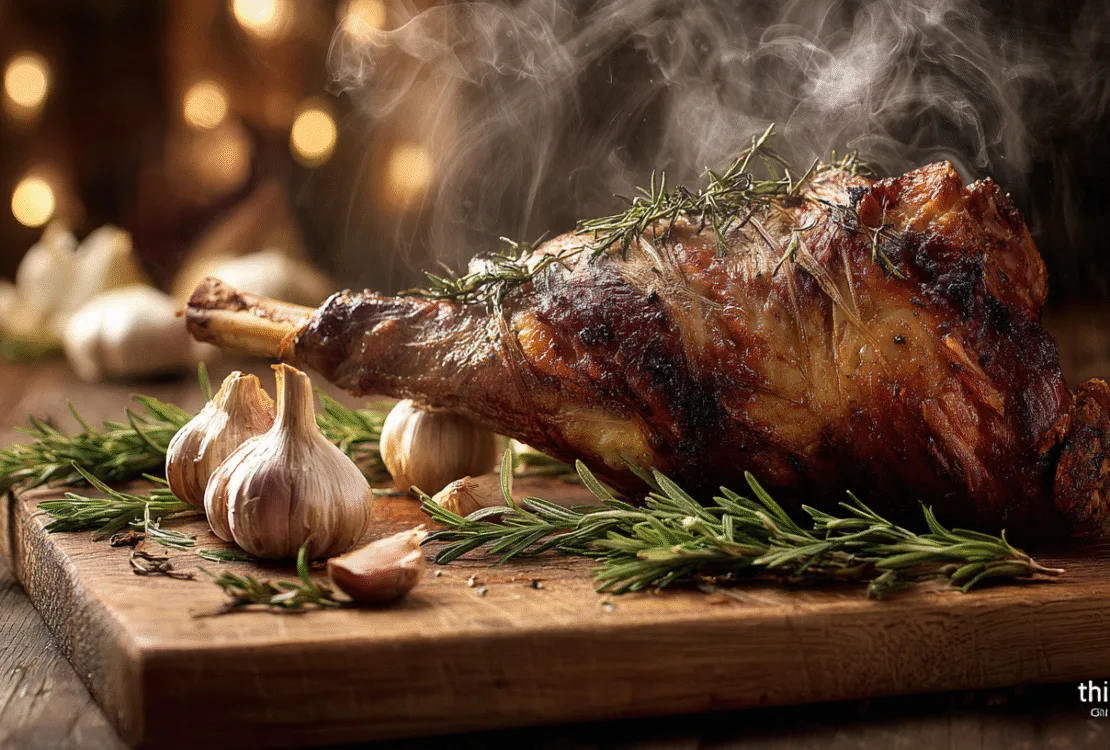 Un magnifique gigot d'agneau rôti doré à la sortie du four, entouré d'ail en chemise et de romarin, prêt à être découpé.
