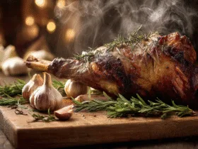 Un magnifique gigot d'agneau rôti doré à la sortie du four, entouré d'ail en chemise et de romarin, prêt à être découpé.