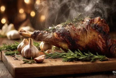 Un magnifique gigot d'agneau rôti doré à la sortie du four, entouré d'ail en chemise et de romarin, prêt à être découpé.