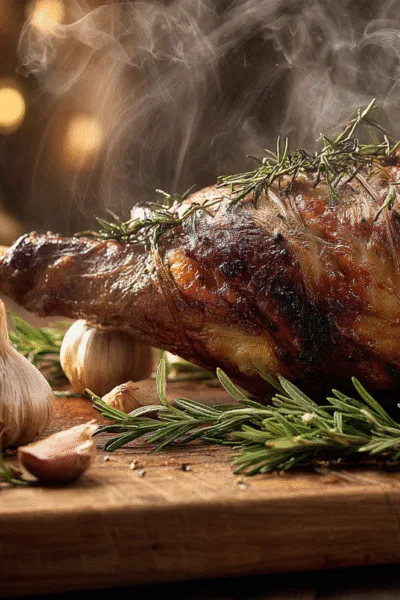 Un magnifique gigot d'agneau rôti doré à la sortie du four, entouré d'ail en chemise et de romarin, prêt à être découpé.