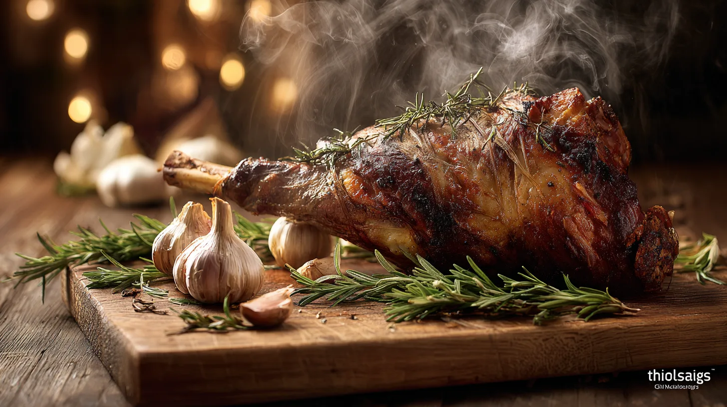 Un magnifique gigot d'agneau rôti doré à la sortie du four, entouré d'ail en chemise et de romarin, prêt à être découpé.