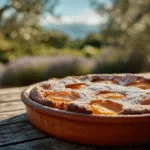 Un clafoutis abricot doré et rustique dans un plat en terre cuite, posé sur une table de terrasse ensoleillée en Provence, illustrant la recette clafoutis abricot traditionnelle.