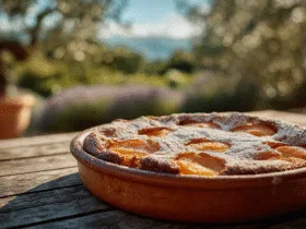 Un clafoutis abricot doré et rustique dans un plat en terre cuite, posé sur une table de terrasse ensoleillée en Provence, illustrant la recette clafoutis abricot traditionnelle.