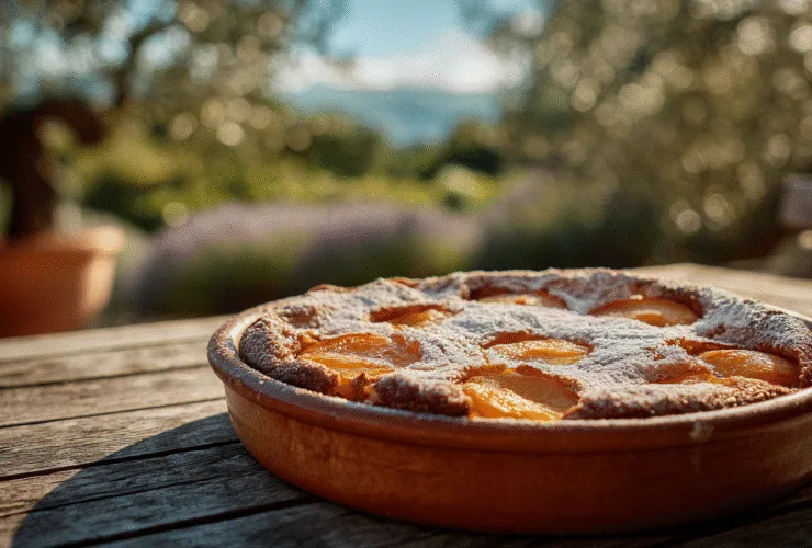 Un clafoutis abricot doré et rustique dans un plat en terre cuite, posé sur une table de terrasse ensoleillée en Provence, illustrant la recette clafoutis abricot traditionnelle.