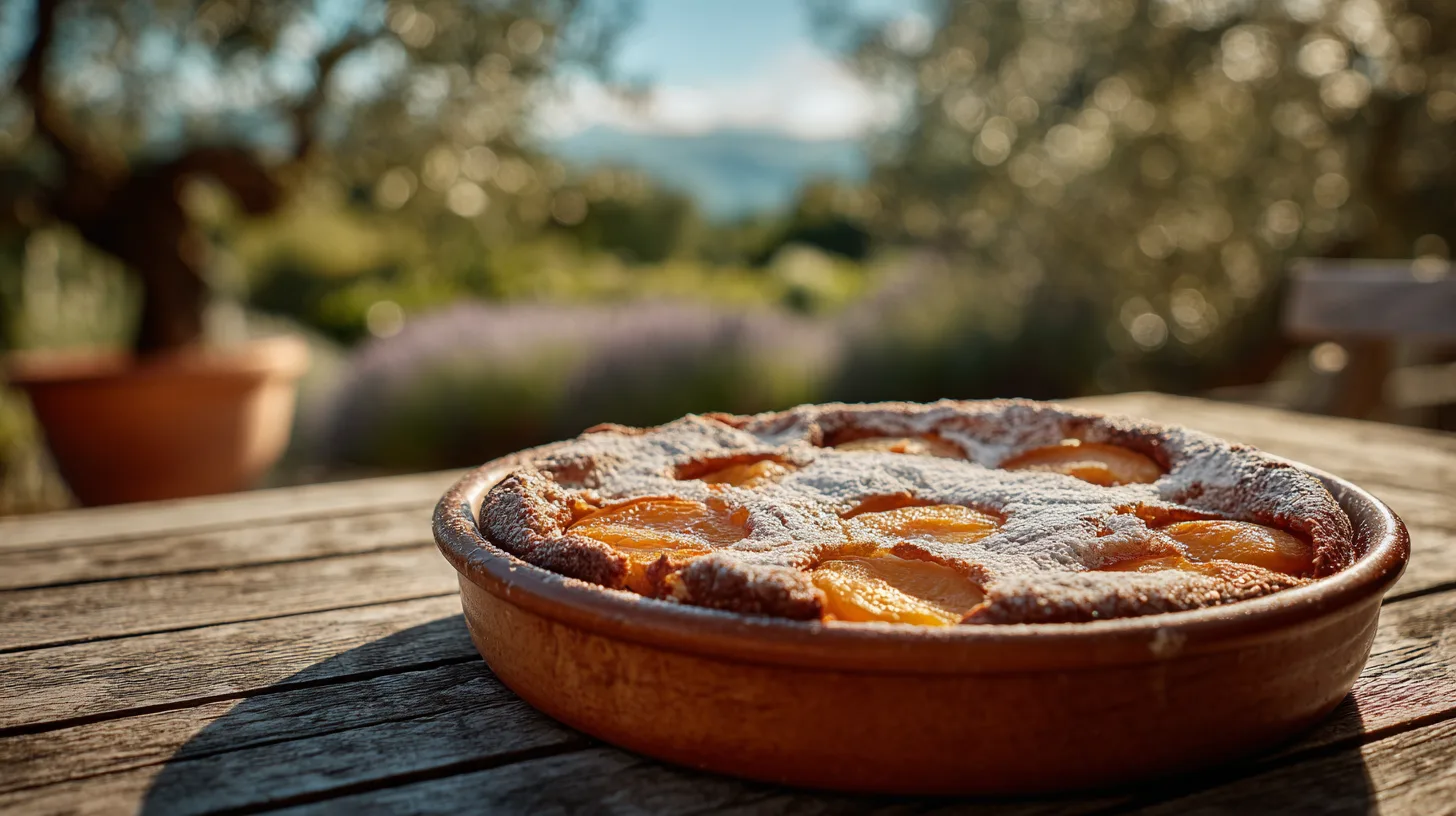 Un clafoutis abricot doré et rustique dans un plat en terre cuite, posé sur une table de terrasse ensoleillée en Provence, illustrant la recette clafoutis abricot traditionnelle.