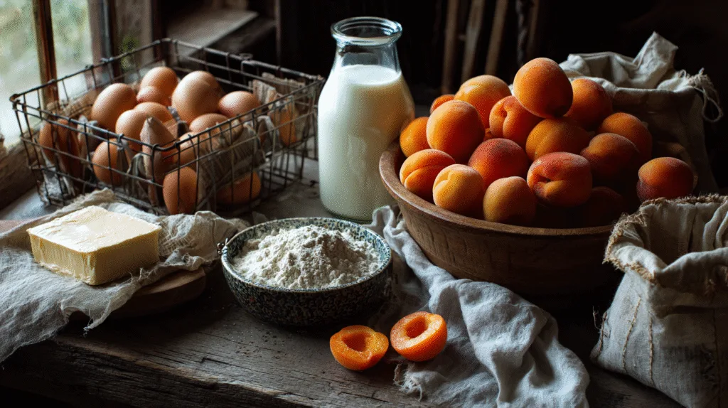 Vue d'ensemble des ingrédients frais sur un plan de travail en bois : abricots mûrs, œufs de ferme, lait et farine, nécessaires pour préparer un clafoutis abricot maison.