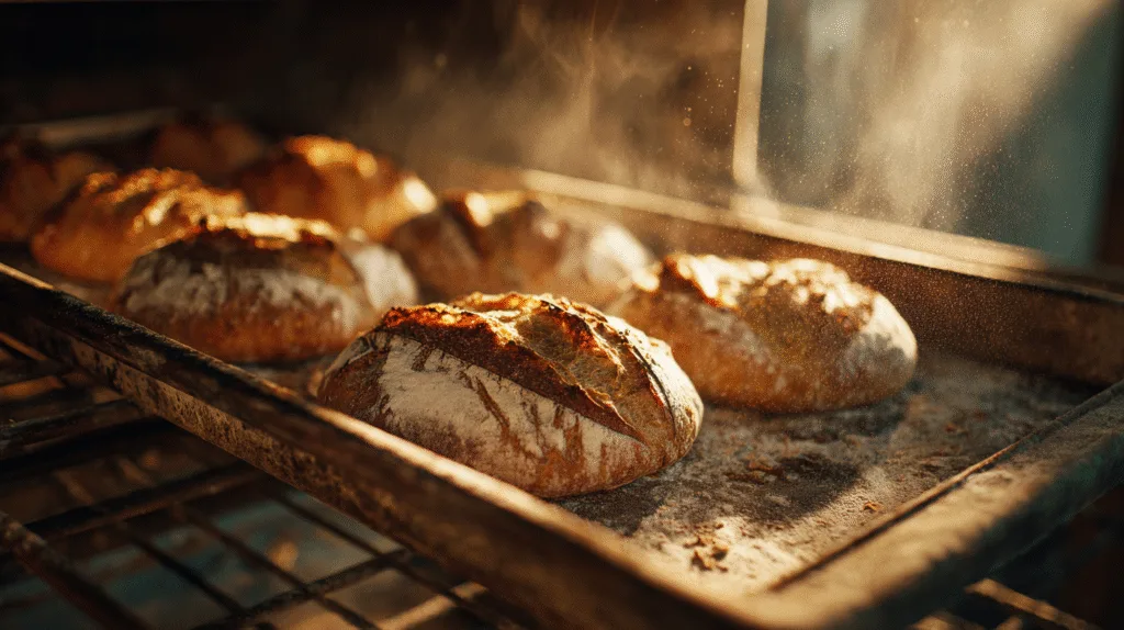 Eye-level view inside an open oven showing a ceramic dish with bubbling golden potato gratin and roasted chicken, with steam rising.