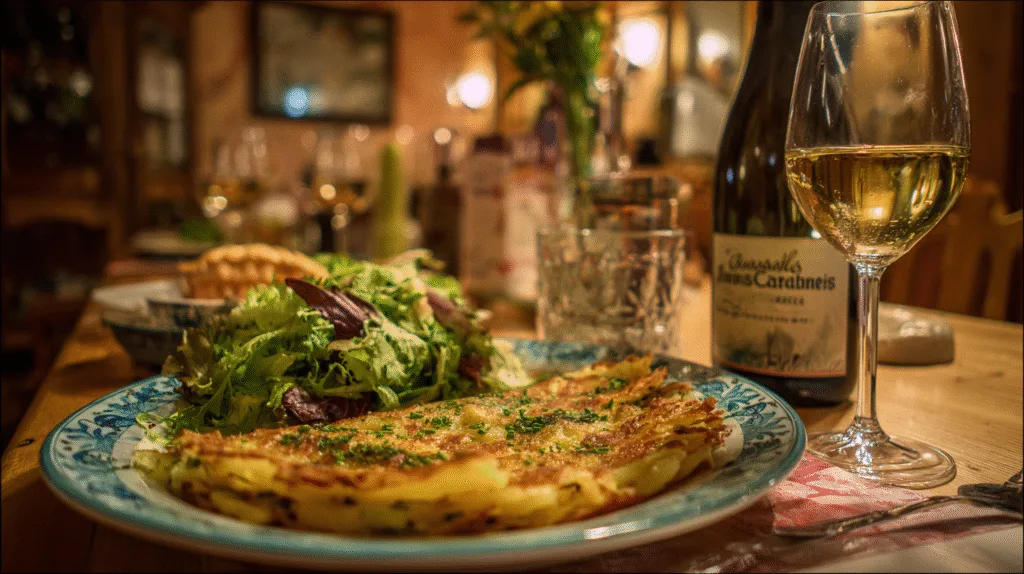 Présentation traditionnelle d'une galette de pomme de terre alsacienne servie avec salade verte et vin blanc dans une ambiance bistro.