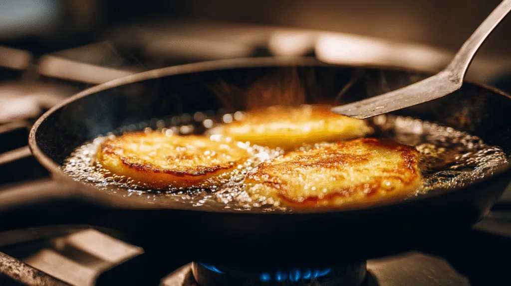 Cuisson à la poêle d'une galette pomme terre dans du beurre moussant, montrant le processus de dorage.