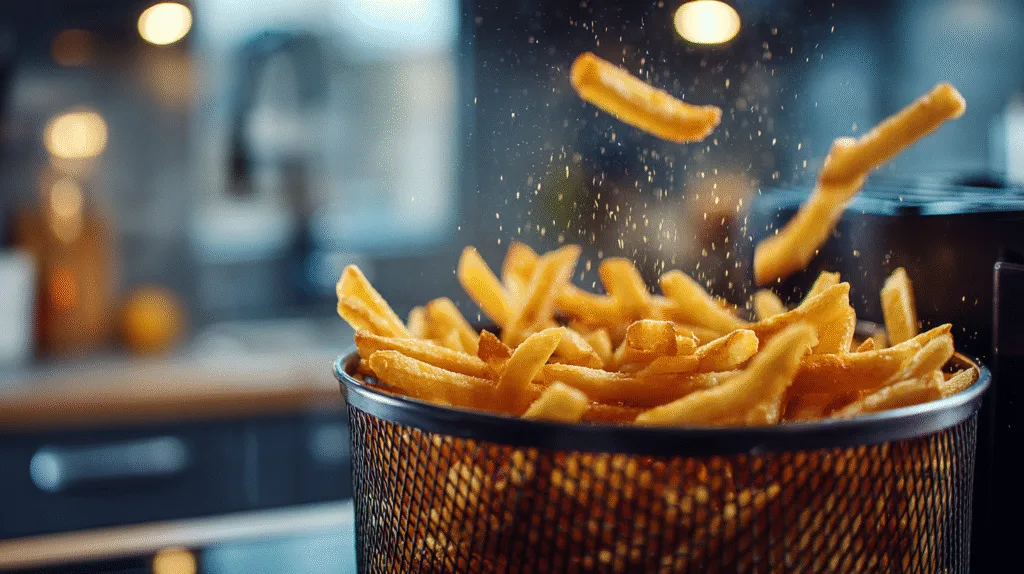 Geste essentiel pour une frite air fryer réussie : secouer le panier à mi-cuisson pour une dorure uniforme.