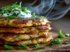 Gros plan sur une pile de galette de pomme de terre croustillante et dorée, garnie de persil frais et de crème, prête à être dégustée.