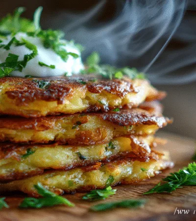 Gros plan sur une pile de galette de pomme de terre croustillante et dorée, garnie de persil frais et de crème, prête à être dégustée.