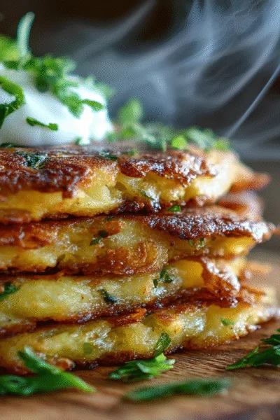 Gros plan sur une pile de galette de pomme de terre croustillante et dorée, garnie de persil frais et de crème, prête à être dégustée.