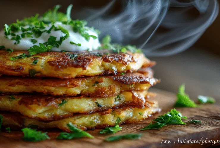 Gros plan sur une pile de galette de pomme de terre croustillante et dorée, garnie de persil frais et de crème, prête à être dégustée.