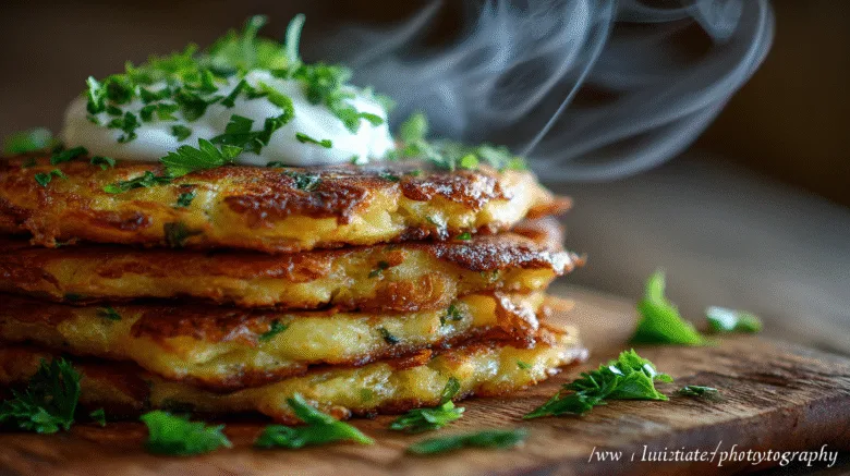 Gros plan sur une pile de galette de pomme de terre croustillante et dorée, garnie de persil frais et de crème, prête à être dégustée.