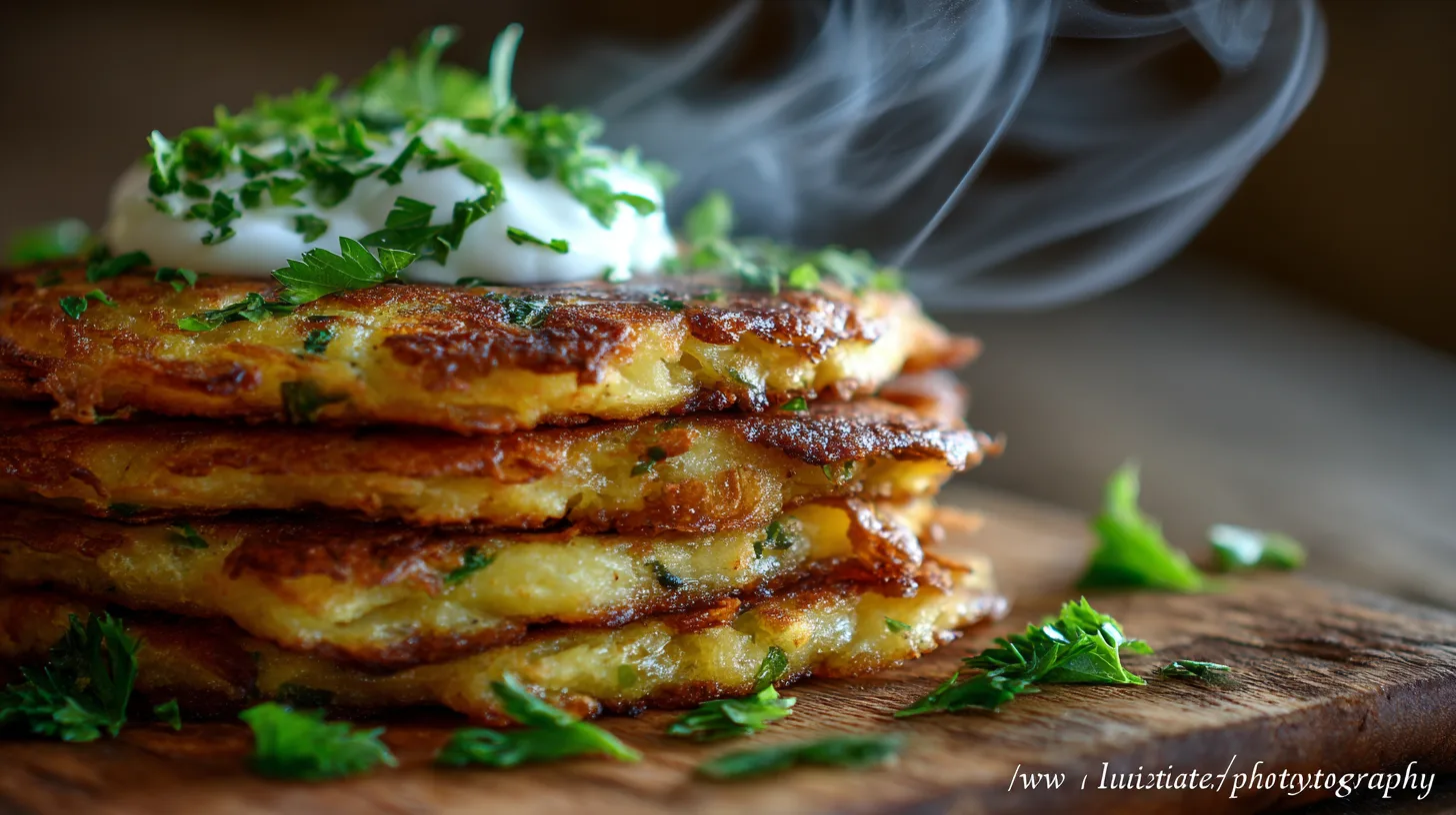 Gros plan sur une pile de galette de pomme de terre croustillante et dorée, garnie de persil frais et de crème, prête à être dégustée.