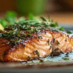 Pavé de saumon air fryer doré et juteux servi avec citron et herbes dans une cuisine française.