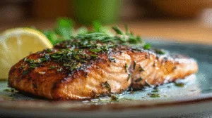 Pavé de saumon air fryer doré et juteux servi avec citron et herbes dans une cuisine française.