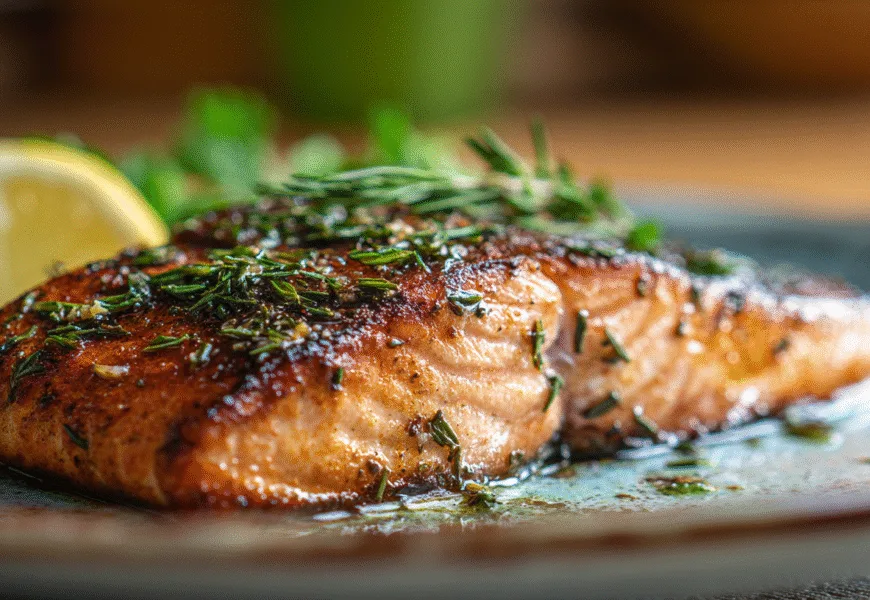 Pavé de saumon air fryer doré et juteux servi avec citron et herbes dans une cuisine française.
