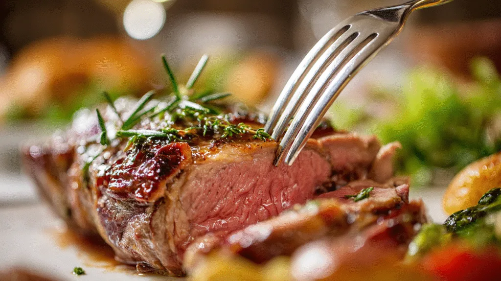 Gros plan sur une tranche de gigot d'agneau montrant une cuisson rosée parfaite et juteuse.