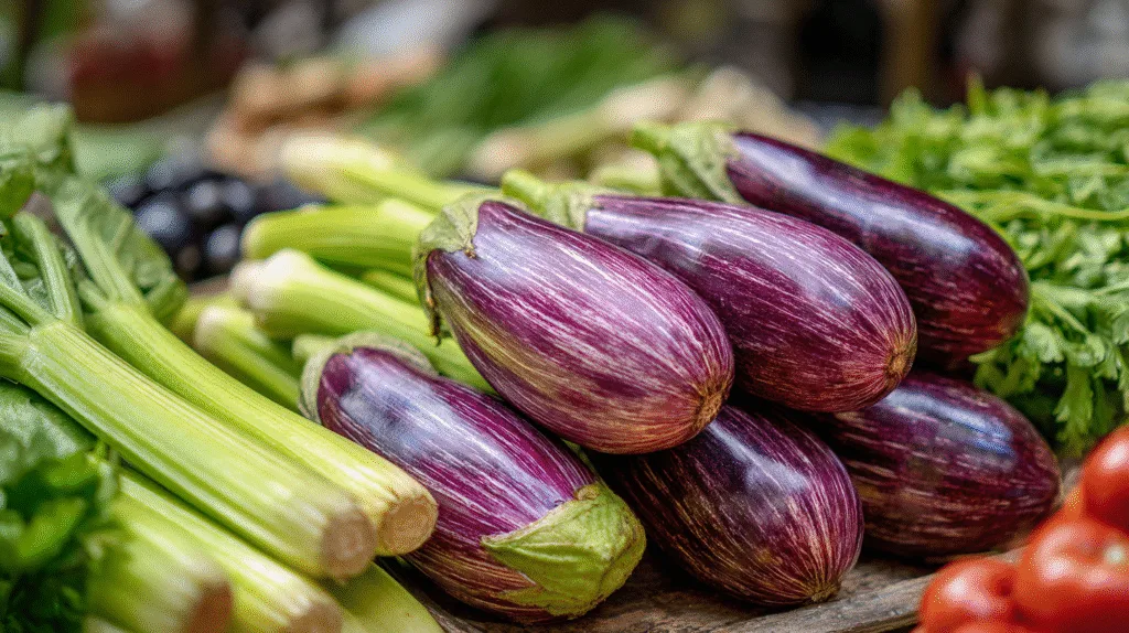 Aubergines violettes et branches de céleri frais sur l'étal d'un marché local en France, ingrédients pour la caponata.