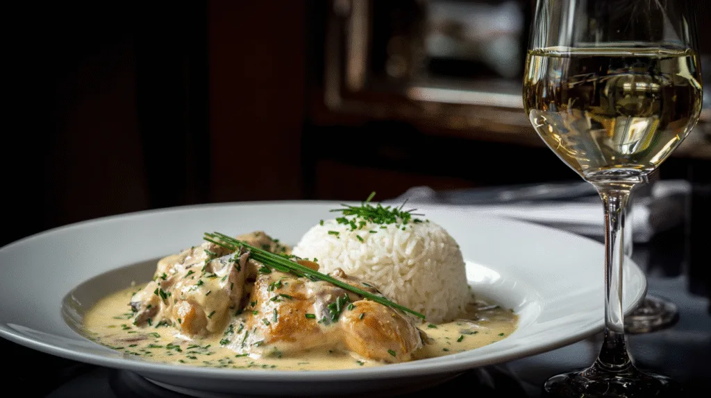 Une assiette servie de blanquette de volaille accompagnée de riz blanc et d'un verre de vin blanc.