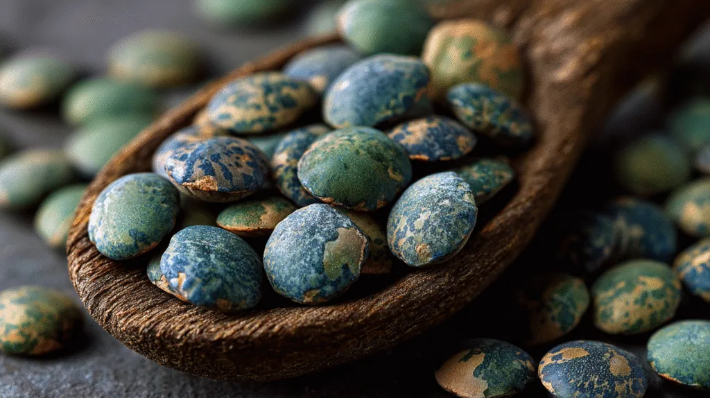 Gros plan sur la texture marbrée des lentilles vertes du Puy crues dans une cuillère en bois avant la cuisson lentilles vertes.