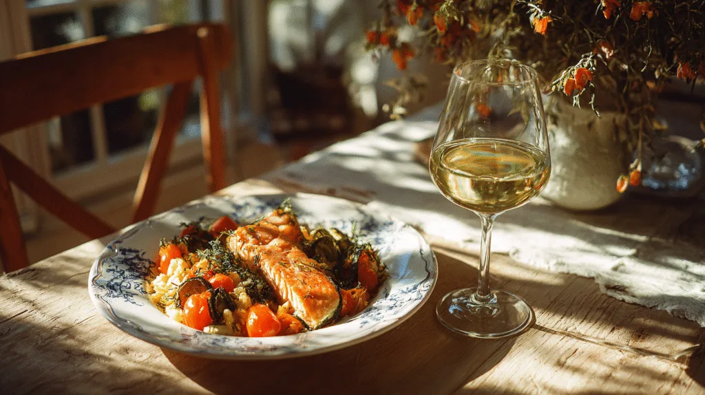 Plat de saumon air fryer servi à table avec une ratatouille dans une ambiance provençale.