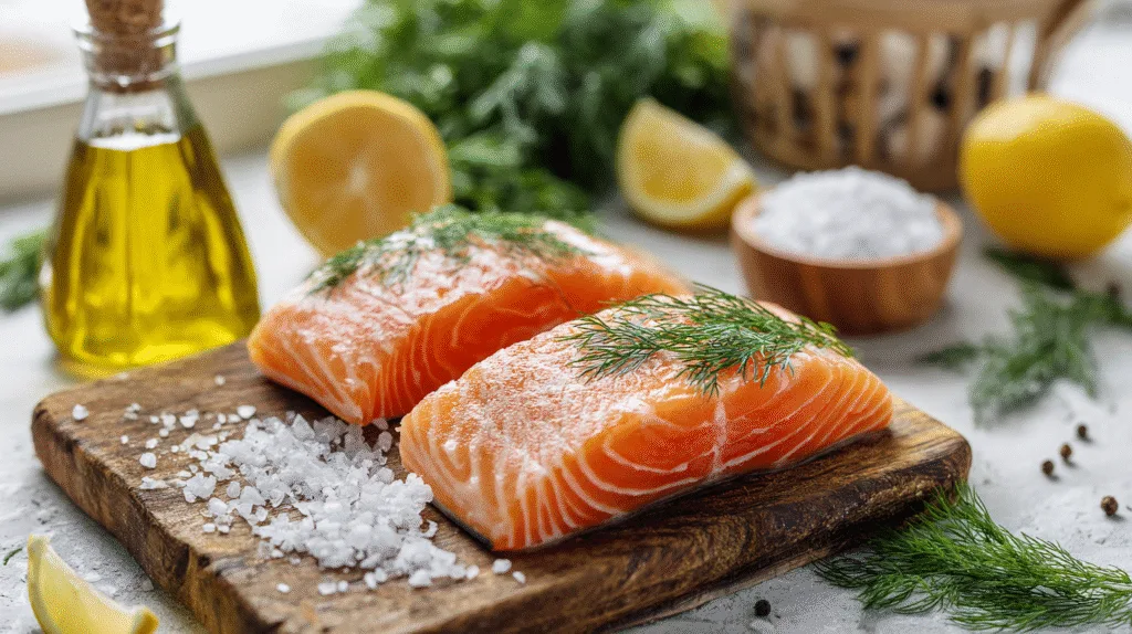 Ingrédients frais pour la recette de saumon air fryer : pavés crus, huile d'olive et citron.