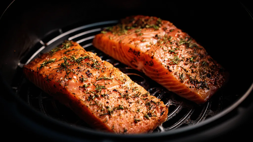 Deux pavés de saumon assaisonnés disposés dans le panier d'un air fryer avant la cuisson.