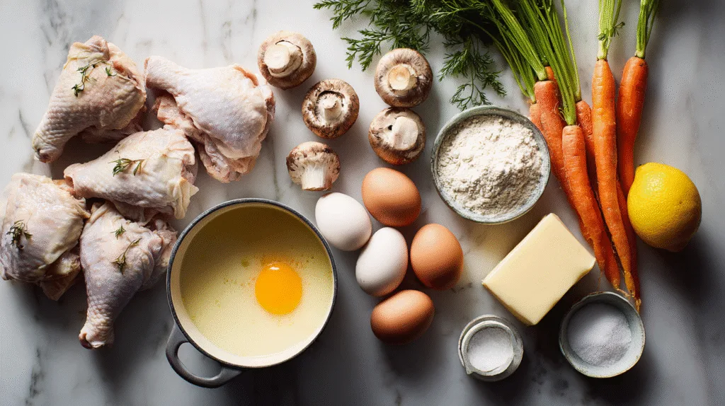 Les ingrédients frais pour la recette blanquette de poulet : volaille, crème, légumes et aromates.